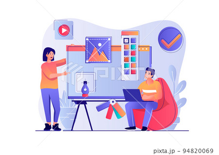 Design studio concept with people scene. Woman and man drawing elements and graphics, designers team create website layout in agency. Vector illustration with characters in flat design for web 94820069