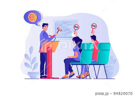 Auction concept with people scene. Man auctioneer selling art painting, byers bidding, buying and investment money in valuable artworks. Vector illustration with characters in flat design for web 94820070