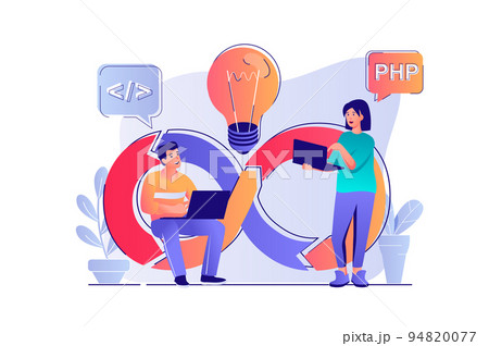 DevOps concept with people scene. Woman and man collaborates on project, brainstorming, programming and management, teamwork communication. Vector illustration with characters in flat design for web 94820077