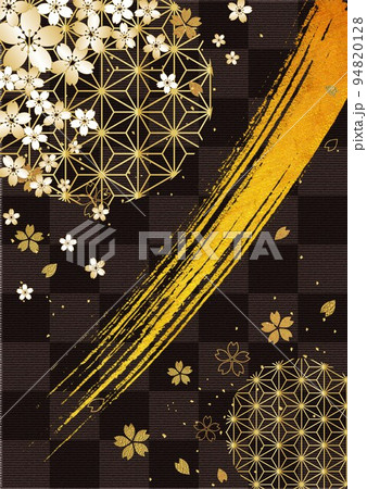 金箔筆桜模様_黒格子縦背景1409のイラスト素材 [94820128] - PIXTA
