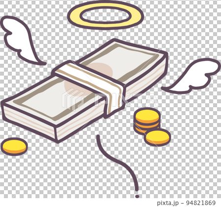 お金が飛んでいく　飛ぶ　羽　天使の輪っか　浪費　お金がない　なくなる　金欠のイラスト素材 94821869
