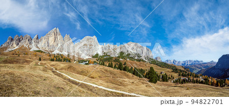 Autumn alpine Dolomites rocky  mountain scene, Sudtirol, Italy. Peaceful view near Gardena Pass. 94822701