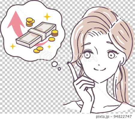 Income increase, job change, career advancement, salary increase, bonus, illustration material of a woman who thinks about money Income increase, job change, career advancement, salary increase, bonus, illustration material of a woman who thinks about money 94822747