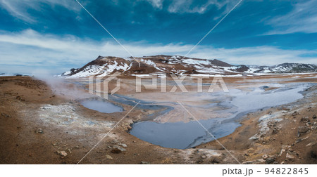The Namafjall Geothermal Area, Iceland, on the east side of Lake Myvatn. At this area, also known as Hverir, are many smoking fumaroles, boiling mud pots and sulphur crystals. The Namafjall Geothermal Area, Iceland, on the east side of Lake Myvatn. At this area, also known as Hverir, are many smoking fumaroles, boiling mud pots and sulphur crystals. 94822845