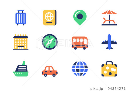 Travel vacation concept of web icons set in simple flat design. Pack of luggage, passport, location, beach relaxation, hotel, compass, bus, airplane, ship and other. Vector pictograms for mobile app 94824271