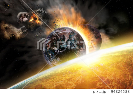Apocalypse on Earth, view from the sun on the planet Earth torn in half and fragments of the Moon in orbit. Decline of civilization. Elements of this image furnished by NASA. 94824588