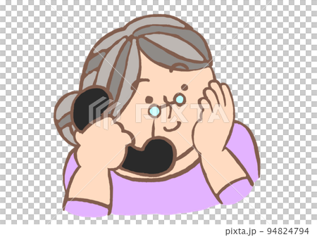Illustration of a smiling elderly woman talking on a retro black phone 94824794