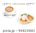 喫茶店ースフレパンケーキとキャラメルラテのイラストセットー手描き素材 94824881