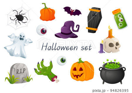 Halloween decor and symbols 3d realistic set. Bundle of spider on web, pumpkin, bat, eyes, witch hat, coffin, skull with candles, ghost, zombie hand and other isolated elements.Vector illustration 94826395