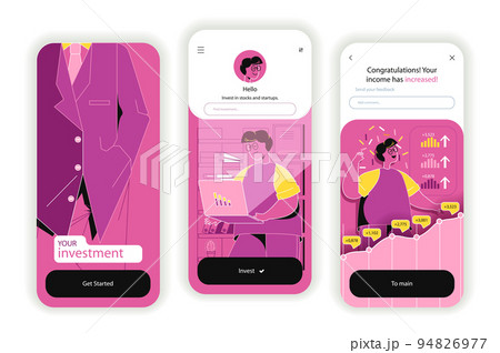 Business investment concept onboarding screens. Successful financial strategy, analysis and earnings growth. UI, UX, GUI user interface kit with flat people scene. Vector illustration for web design 94826977