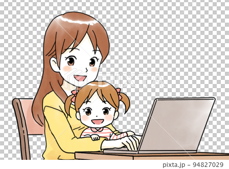 パソコンの前に座り笑顔でこちらを見る母親と子供の上半身のイラスト 94827029