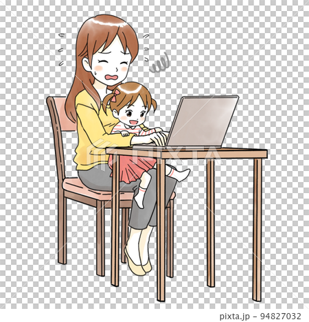 Illustration of a mother and a smiling child who are stressed by computer work Illustration of a mother and a smiling child who are stressed by computer work 94827032