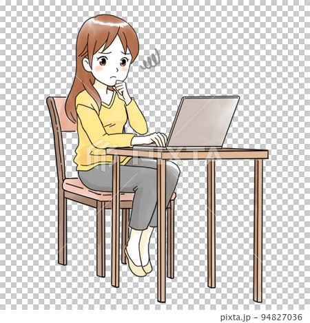 Full body illustration of a woman looking at a computer screen and making a sour face Full body illustration of a woman looking at a computer screen and making a sour face 94827036