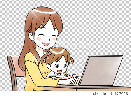 笑顔で一緒にパソコン画面を見る母親と子供の上半身イラスト 94827038