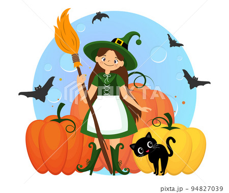 Cute witch in a costume with a broom, black cat and pumpkins. Halloween illustration, kids print, vector 94827039