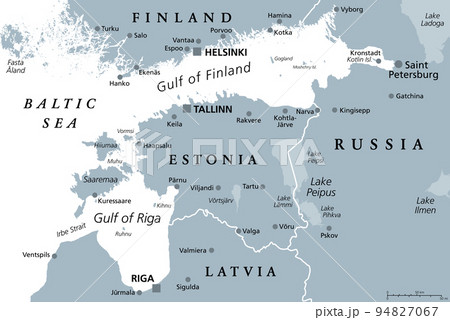 Gulf of Finland and Gulf of Riga region, gray political map. The Nordic countries Finland, Estonia and Latvia with their capitals, and the seaway from the Baltic Sea to Saint Petersburg, Russia. 94827067