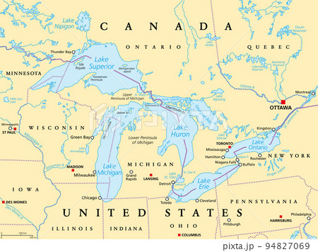 Great Lakes of North America political map. Lakes Superior, Michigan, Huron, Erie and Ontario. Series of large interconnected freshwater lakes on or near the border of Canada and of the United States. 94827069