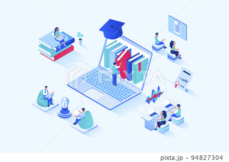 Online studying 3d isometric web design. People read books and study textbooks, improve skills and knowledge, study at university or take courses, graduate online schools. Vector web illustration Online studying 3d isometric web design. People read books and study textbooks, improve skills and knowledge, study at university or take courses, graduate online schools. Vector web illustration 94827304