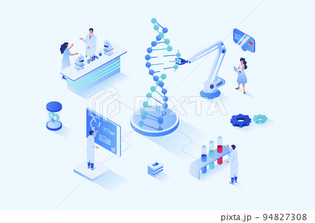 Medical laboratory 3d isometric web design. People scientists explore molecular structure of dna on modern laboratory equipment, researchers do tests and chemical experiments. Vector web illustration Medical laboratory 3d isometric web design. People scientists explore molecular structure of dna on modern laboratory equipment, researchers do tests and chemical experiments. Vector web illustration 94827308
