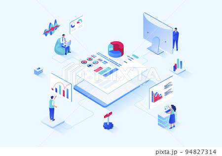 Data analysis 3d isometric web design. People work with charts, diagrams and graphs, make financial reports for company and business accounting, auditing and analytics. Vector web illustration Data analysis 3d isometric web design. People work with charts, diagrams and graphs, make financial reports for company and business accounting, auditing and analytics. Vector web illustration 94827314