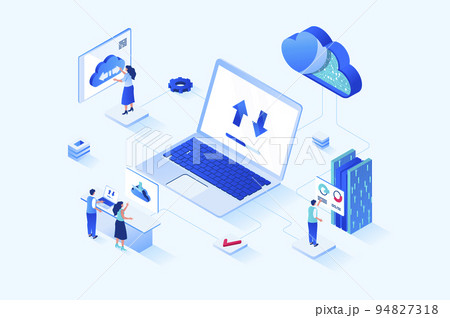 Cloud computing 3d isometric web design. People transfer data, share security access to online storage for other users, use hosting services or work with databases servers. Vector web illustration Cloud computing 3d isometric web design. People transfer data, share security access to online storage for other users, use hosting services or work with databases servers. Vector web illustration 94827318
