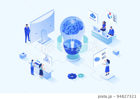 Brainstorming 3d isometric web design. People discuss and find solution to problem, generate creative ideas and improve business projects, work in team at meeting in office. Vector web illustration Brainstorming 3d isometric web design. People discuss and find solution to problem, generate creative ideas and improve business projects, work in team at meeting in office. Vector web illustration 94827321