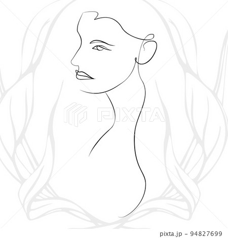 One continuous line hand drawn vector art with beautiful woman face in elegant curve. Black isolated on white background. Modern simplistic design for fashion, wall art, print, tattoo, cover, card. 94827699
