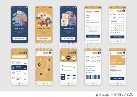 Booking concept screens set for mobile app template. People order taxi, buy plane tickets and tourist trips online. UI, UX, GUI user interface kit for smartphone application layouts. Vector design 94827820
