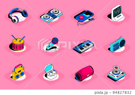 Music 3d isometric icons set. Pack elements of headphones, equalizer, song player, drum, microphone, piano, radio, musical speaker, karaoke and others. Vector illustration in modern isometric design Music 3d isometric icons set. Pack elements of headphones, equalizer, song player, drum, microphone, piano, radio, musical speaker, karaoke and others. Vector illustration in modern isometric design 94827832
