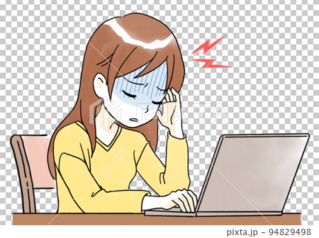 Illustration of a woman suffering from a headache due to computer work Illustration of a woman suffering from a headache due to computer work 94829498