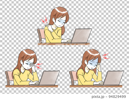 Illustration of a woman suffering from poor health due to computer work Illustration of a woman suffering from poor health due to computer work 94829499