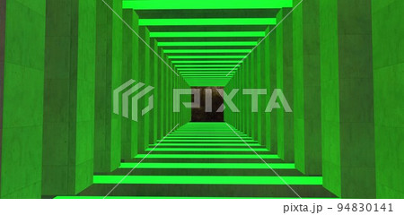 Night forest at the end of the tunnel made of concrete abstract figures illuminated by green LED light. 3d render. Night forest at the end of the tunnel made of concrete abstract figures illuminated by green LED light. 3d render. 94830141