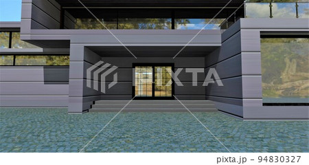 The main entrance to a futuristic building finished with special energy-efficient composite panels. Not hot in summer, not cold in winter. 3d render. 94830327