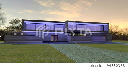 The project of night blue lighting of the exterior of a country advanced house. The porch, facade, as well as the ends of the cobbled paths are illuminated. 3d render. 94830328