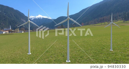 Three industrial wind turbines capable of supplying power to an entire village in a remote mountainous region. 3d render. Three industrial wind turbines capable of supplying power to an entire village in a remote mountainous region. 3d render. 94830330
