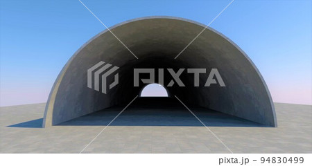 Architectural Improvisation. Light at the end of a thin-walled tunnel against a blue sky. Concrete surface. 3d render. Architectural Improvisation. Light at the end of a thin-walled tunnel against a blue sky. Concrete surface. 3d render. 94830499