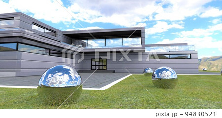 Reflective metal balls as a decor for the territory of a futuristic country house finished with aluminum composite panels. 3d render. Reflective metal balls as a decor for the territory of a futuristic country house finished with aluminum composite panels. 3d render. 94830521