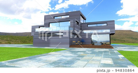 Cobbled road paved with enlarged concrete slabs in front of a modern stylish house. Green meadow and mountain landscape. 3d render. 94830864