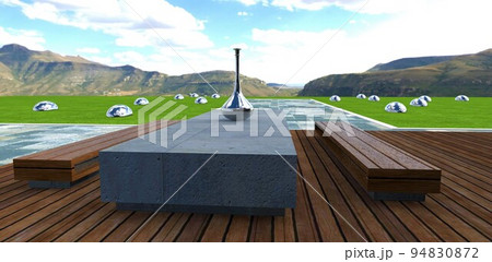 Magnificent view from the patio to the mountain meadow decorated with metal balls. Chrome-plated vessel on a concrete table. 3d render. 94830872