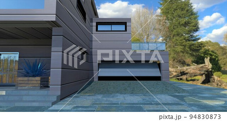 Metal rising garage door of a stylish futuristic home. Stone ramp for car entry. Finishing the facade with a special aluminum-based composite material. 3d render. 94830873
