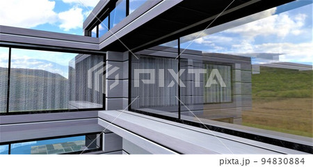 Windows of a stylish country house that reflect the environment. The exterior is finished with composite energy-efficient plates. 3d render. 94830884