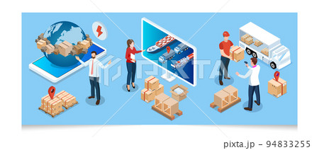 3D isometric Global logistics network concept with Transportation operation service, Export, Import, Cargo, Air, Road, Maritime delivery. Vector illustration EPS 10 94833255