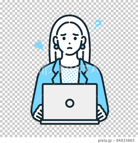 A woman who is worried in front of a computer. Illustration of a thinking business woman. A woman who is worried in front of a computer. Illustration of a thinking business woman. 94833665