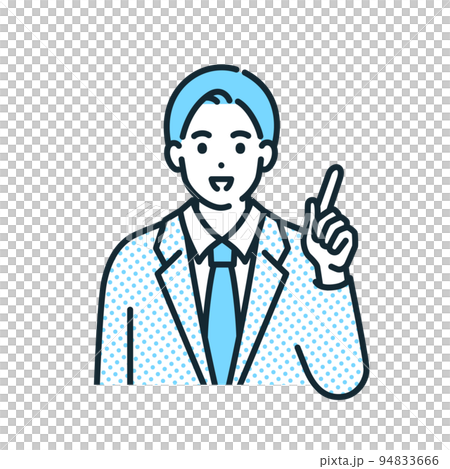 笑顔でおすすめポイントを解説するビジネスマンのイラスト素材。 94833666