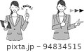 案内、ポイントを指差しする女性会社員（モノクロ） 94834515