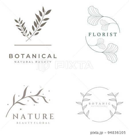 Natural botanical logo organic template vector design with leaves, flowers, stems. With minimalist outline, elegant.Suitable for beauty, badge,wedding and business. 94836105