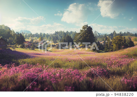 イラスト 花畑 青空 雲 山 村 田舎 牧歌的 94838220