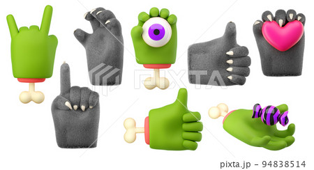 3d furry wolf hands set in plastic cartoon style. Different fingers and palm gesture. Werewolf monster Halloween character palms. High quality isolated render 94838514
