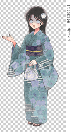 昭和の少女漫画風・浴衣姿の女性が青ざめている全身イラスト 94839511