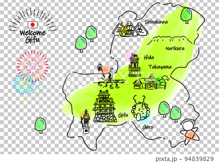 岐阜県の観光地のシンプル線画イラストマップ 94839829